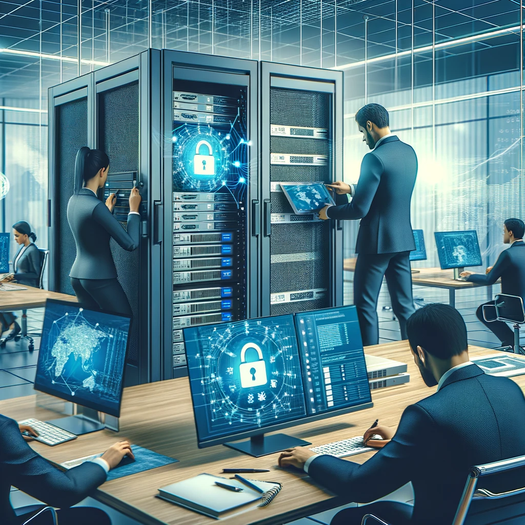 DALL·E-2024-04-27-23.39.40-A-professional-digital-illustration-depicting-the-implementation-of-cybersecurity-measures-in-an-office-environment.-The-image-should-show-a-team-of-I